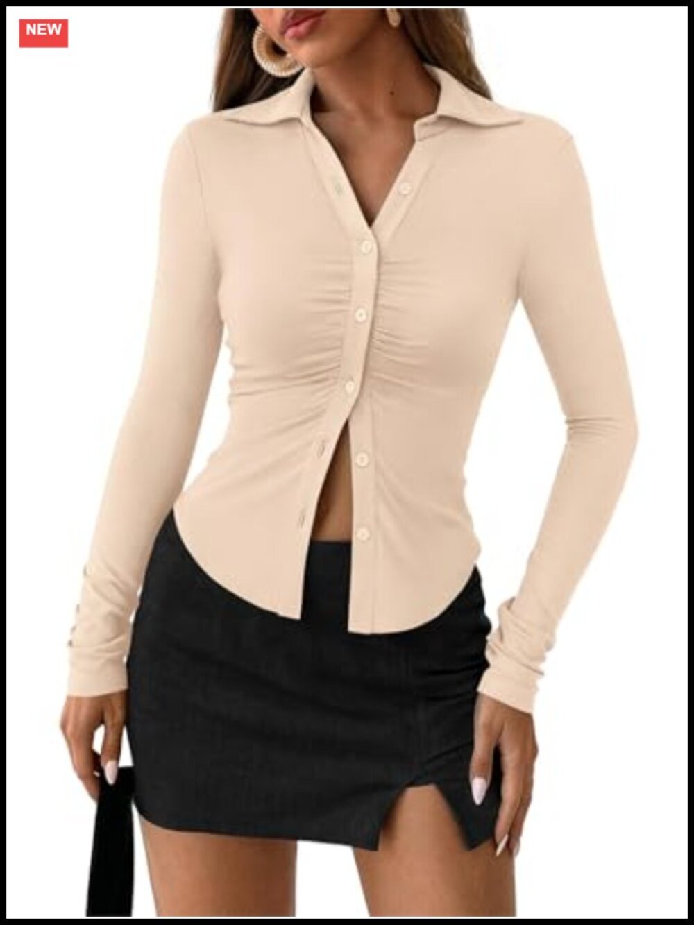 Knitted Button Down Shirt Women V Neck Ruched Slim Fit Long Sleeve Blouse
